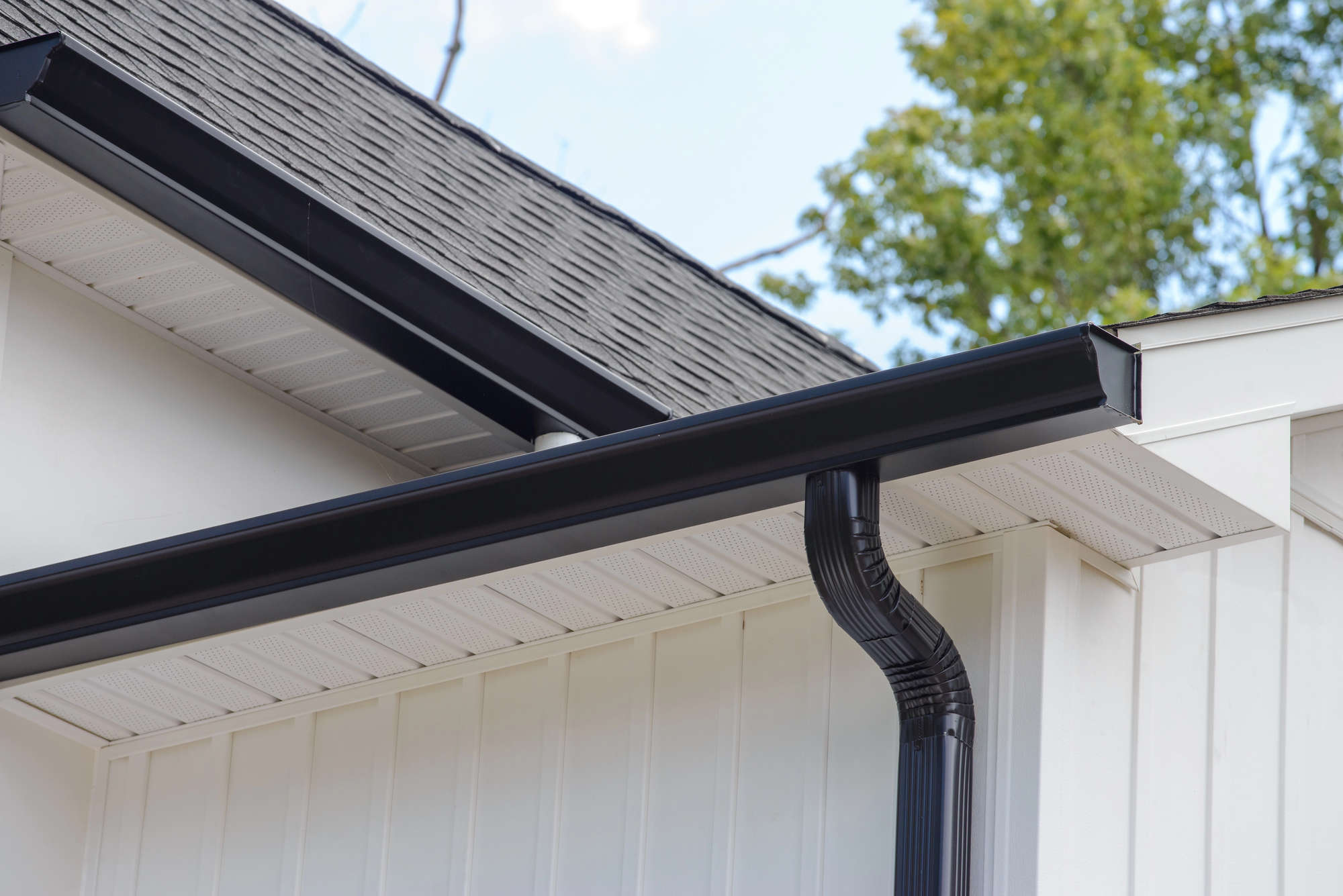 Photo of white house eaves with dark gutter