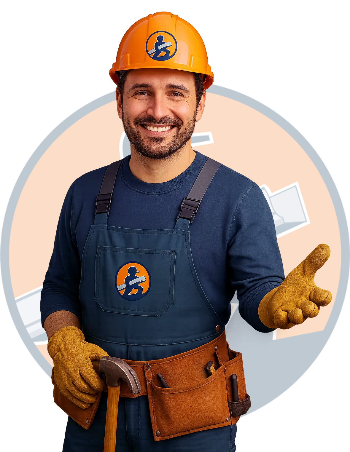 Circular illustration of a smiling worker in a hard hat holding a gutter section